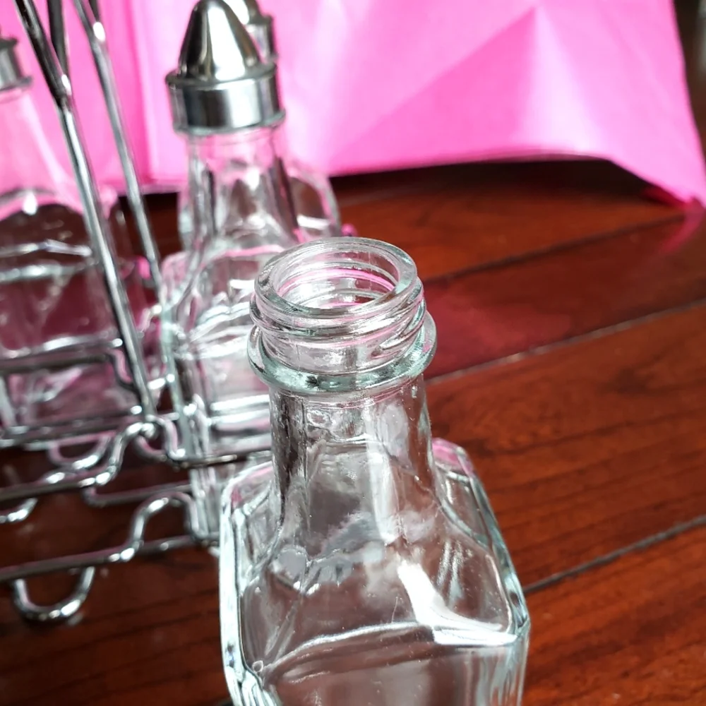 2 Sets, Oil & Vinegar Bottles w/ Metal Caddy & Oil & Vinegar Glass Shakers - Picture 7 of 11